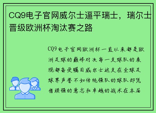 CQ9电子官网威尔士逼平瑞士，瑞尔士晋级欧洲杯淘汰赛之路